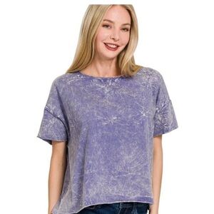 Zenana L/XL Mineral Washed Marlin Crew Neck Short Sleeve Crop Box Tee NWOT